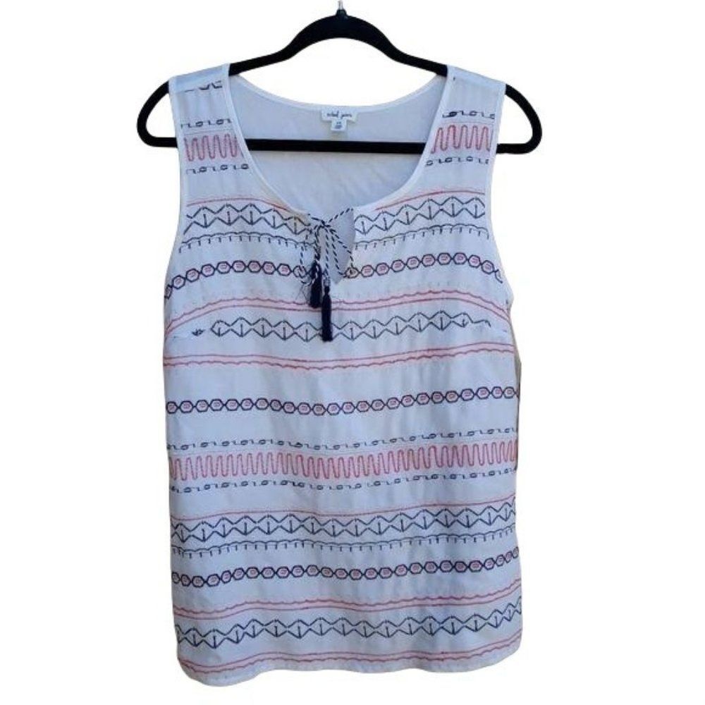 Rayon Pastel Aztec Embroidered Sleeveless‎ Tied Scoop Tunic Tank White Sz S